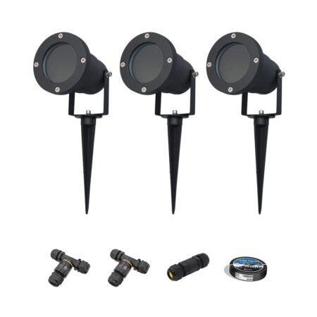 Sydney - 3x Prikspot XL - Aluminium - Zwart - IP65 waterdicht - Geschikt voor GU10 spot - 20 watt - Inclusief installatiemateriaal (Kabel & connector) | HOFTRONIC