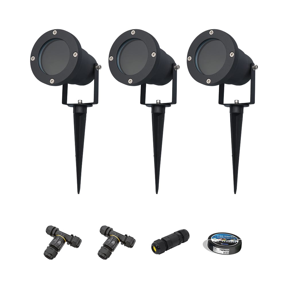 Sydney - 3x Prikspot XL - Aluminium - Zwart - IP65 waterdicht - Geschikt voor GU10 spot - 20 watt - Inclusief installatiemateriaal (Kabel & connector) | HOFTRONIC
