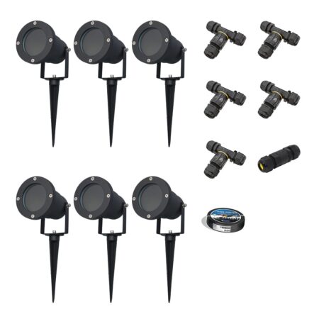 Sydney - 6x Prikspot XL - Aluminium - Zwart - IP65 waterdicht - Geschikt voor GU10 spot - 20 watt - Inclusief installatiemateriaal (Kabel & connector) | HOFTRONIC
