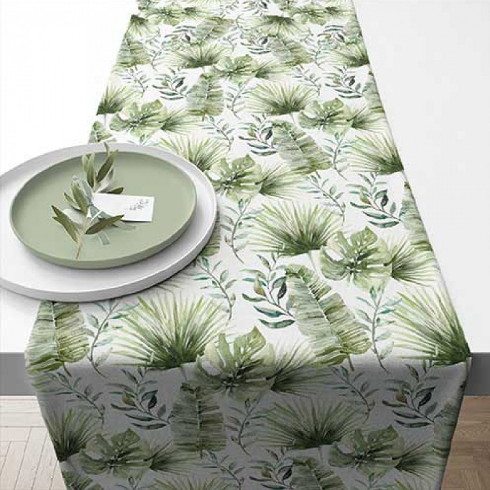 Tafelloper Jungle bladeren wit 40x150cm |