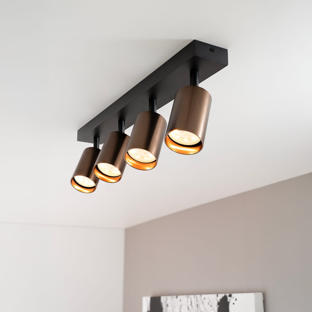 Taurus bronzo IV by LUSENZ - 4-lichts plafondspot met kantelbare geborstelde bronzen spots en matzwarte basis | LUSENZ