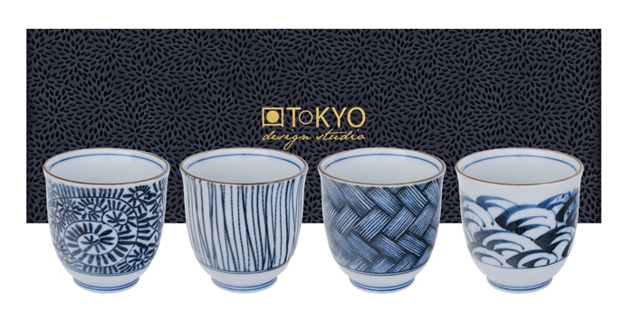 Theekopset Blauw/Wit - Tokyo Design Studio - 4-delig - 8 x 7.9 cm | Tokyo Design Studio