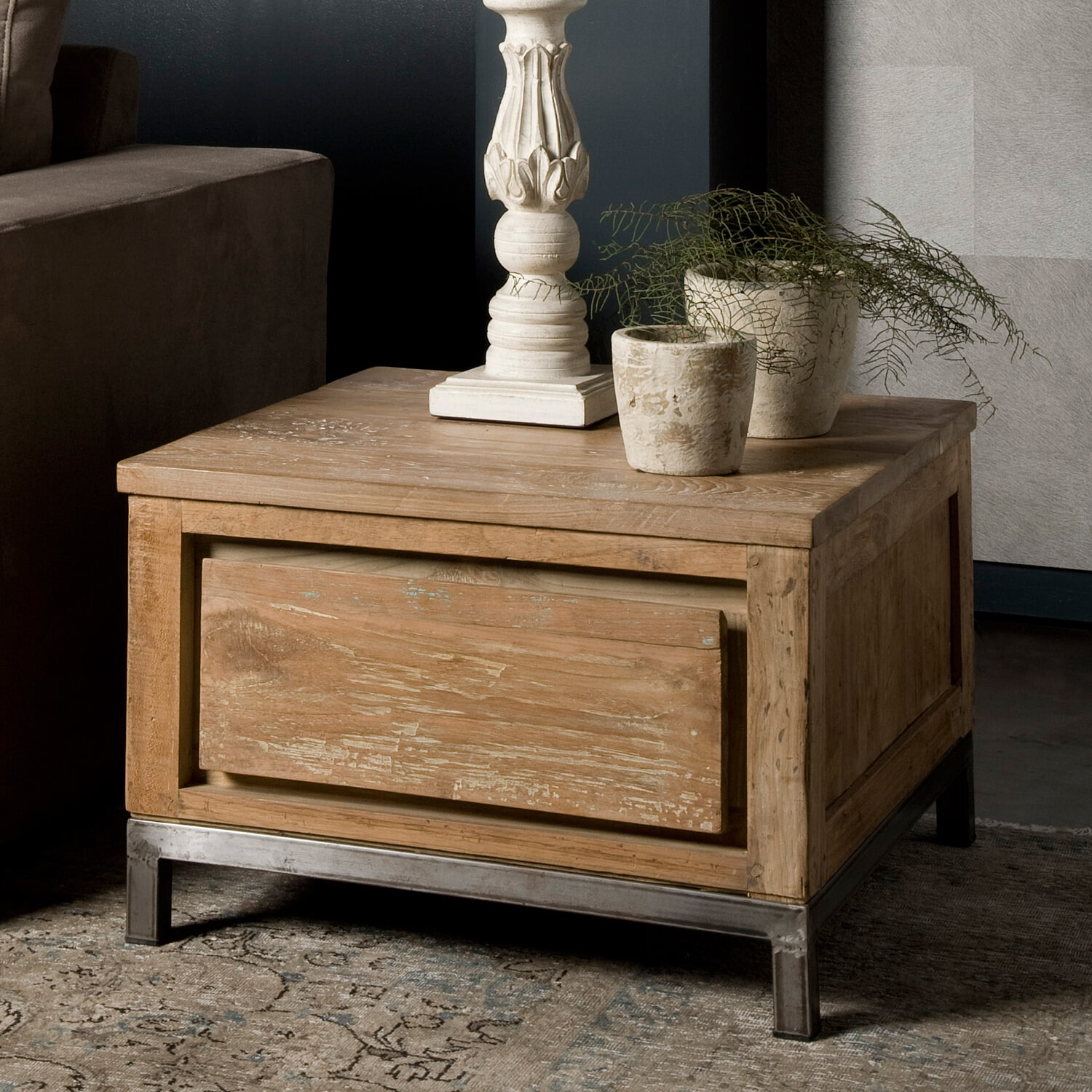 Tower Living Industriële Bijzettafel Venetië met 1 lade - Bruin - Vierkant | Tower Living
