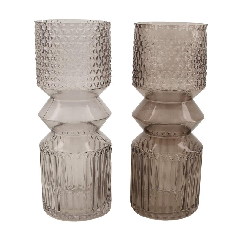 Vaas glas Ø12x30cm grijs ribbel/ruit | Naturel Collections