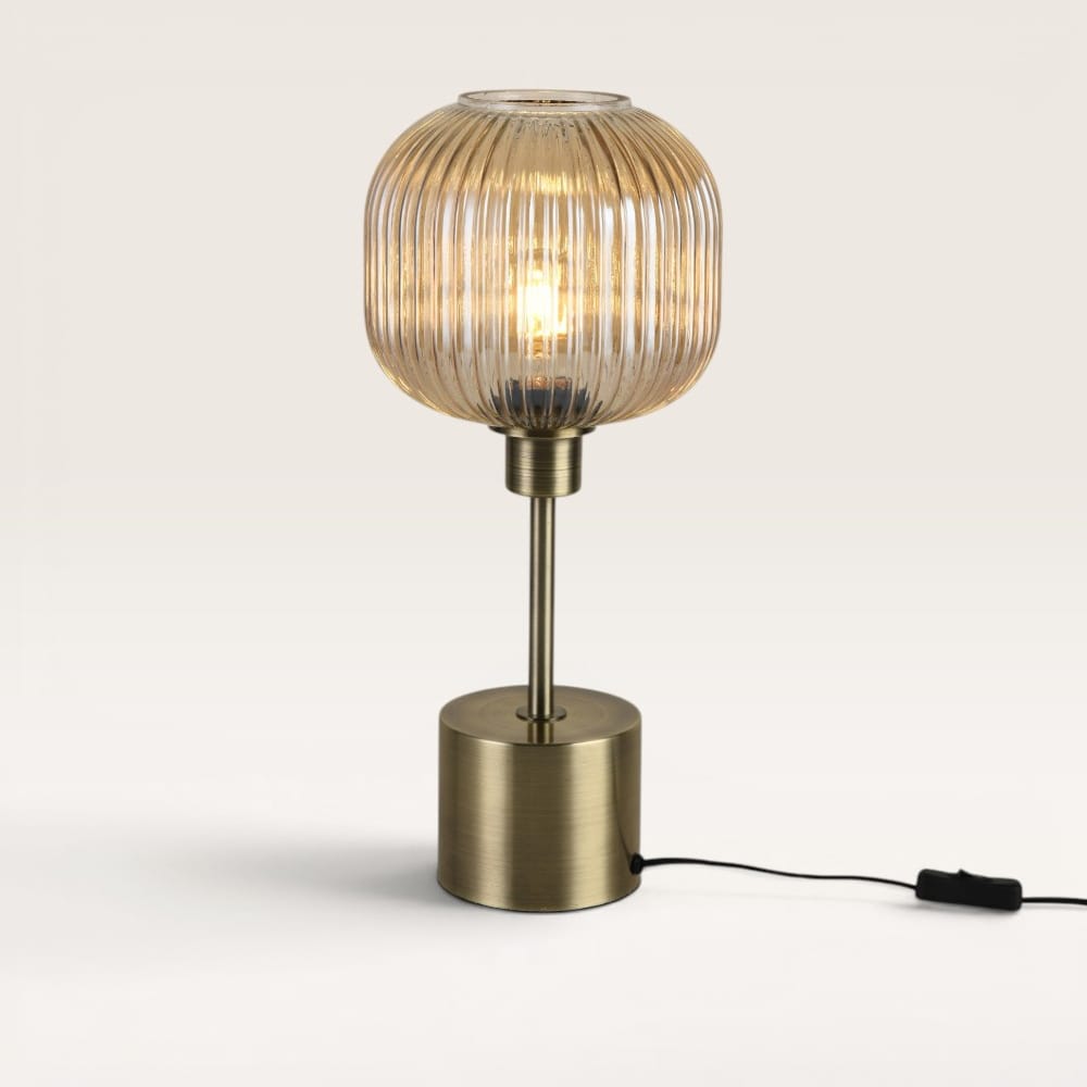Virello - Tafellamp Amber glas 45 cm - Lampenstandaard goud Metaal - Vintage tafellamp - Dressoir lamp - E27 fitting - Met aan/uit-schakelaar | LUSENZ