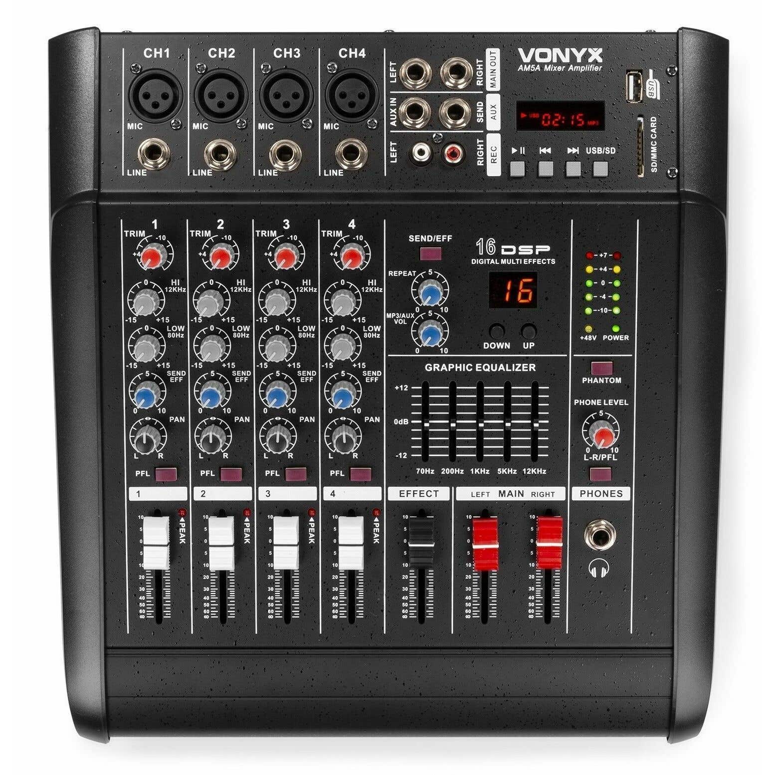 Vonyx AM5A 5-kanaals muziekmixer met ingebouwde 1000W versterker | Vonyx