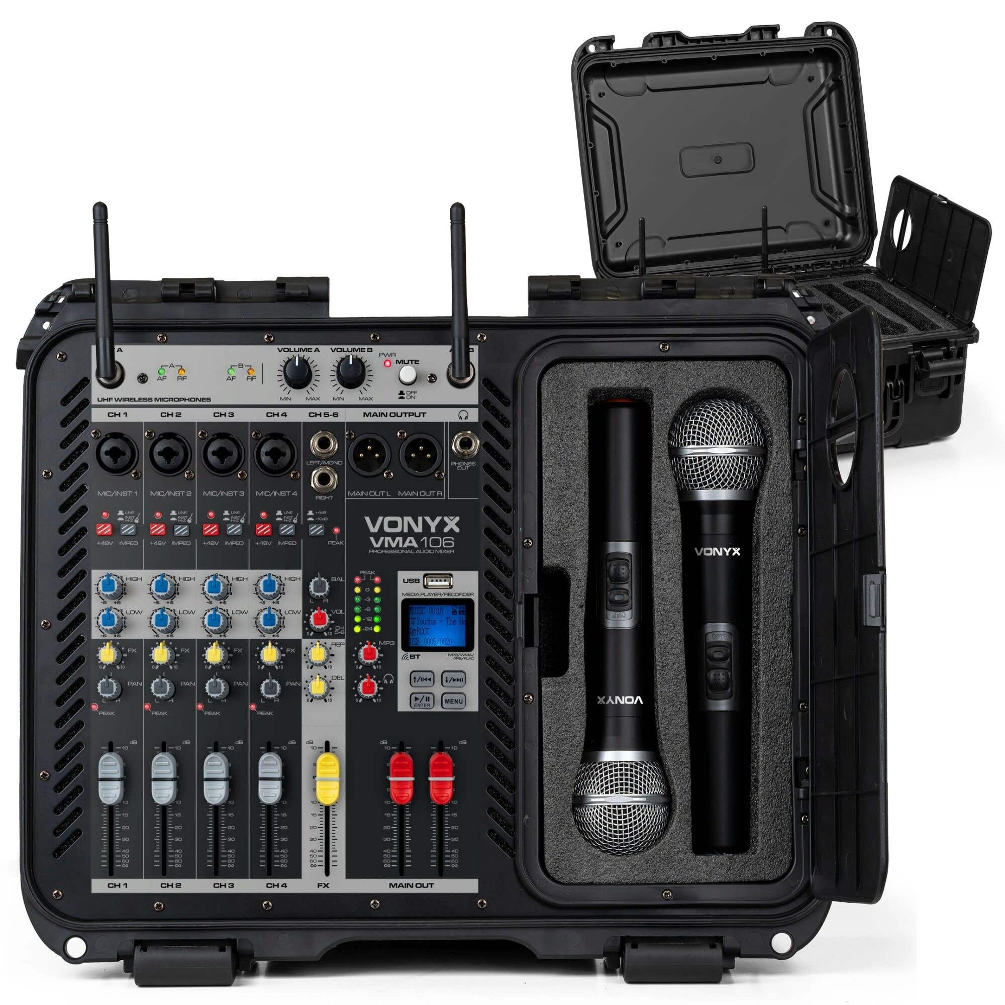 Vonyx VMA106 Mixer in stevige flightcase - Met 2 UHF draadloze | Vonyx