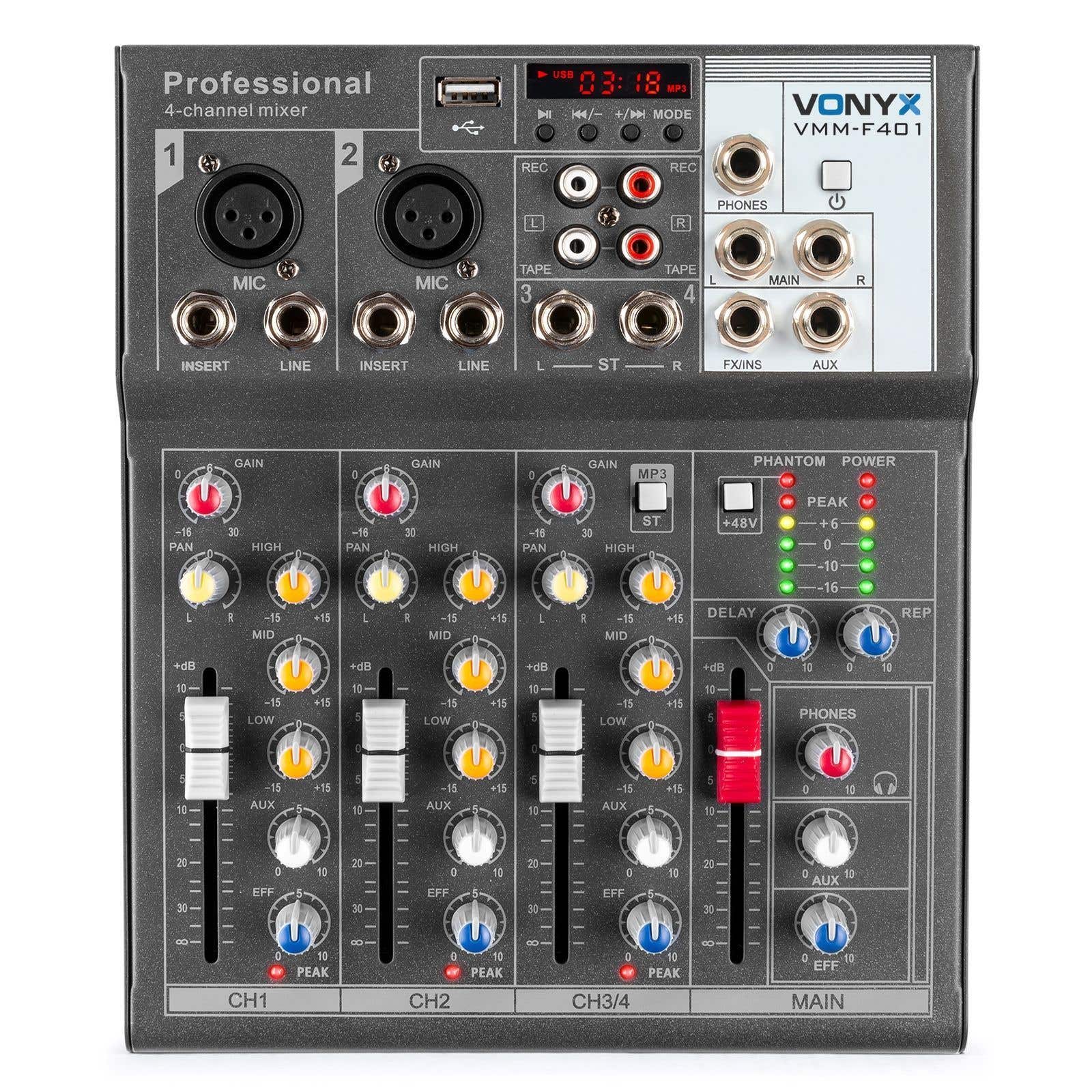 Vonyx VMM-F401 4 kanaals muziek mixer met effect en USB speler | Vonyx