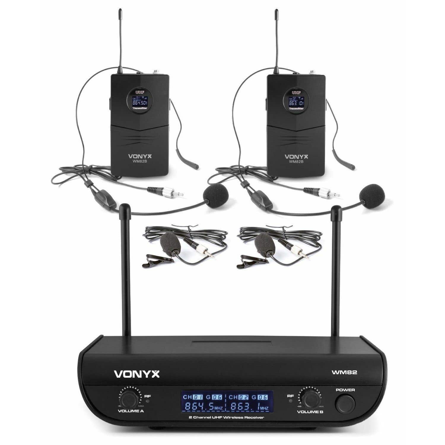 Vonyx WM82 draadloze microfoonset met twee UHF bodypacks en headsets | Vonyx