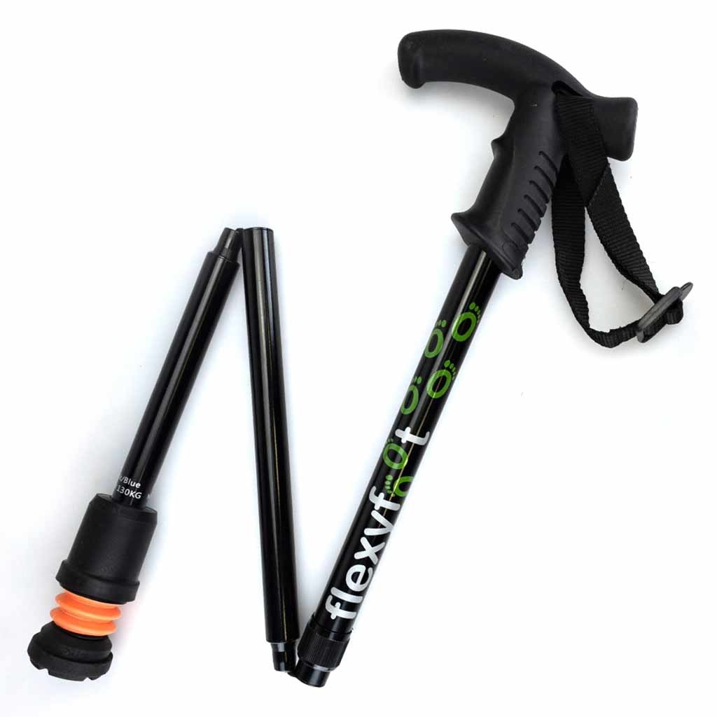 Wandelstok met Derby handvat | Opvouwbaar | Flexifoot | Schokabsorberend | Zwart | PR30048-BK | Flexifoot