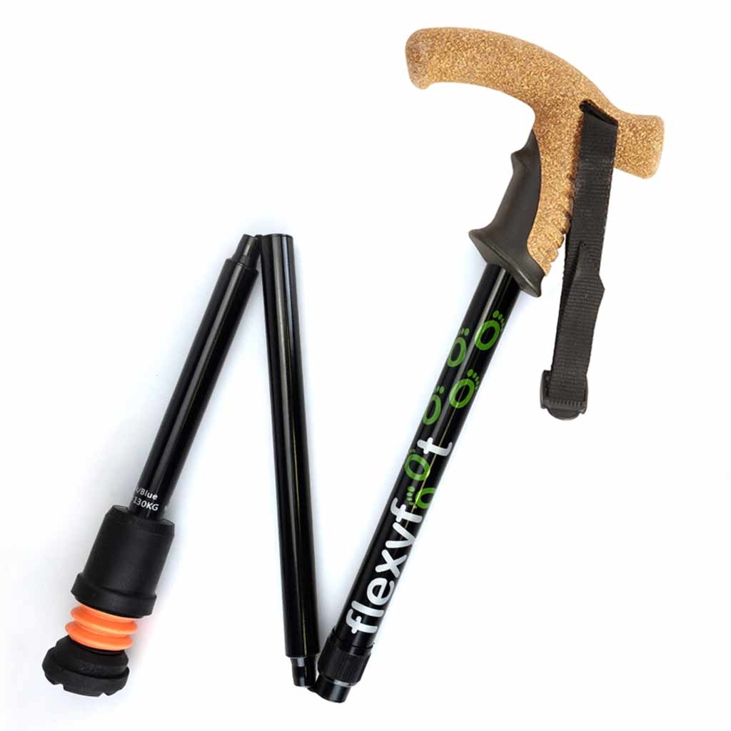 Wandelstok met kurken handvat - opvouwbaar | Flexifoot | Schokabsorberend | Zwart | PR30050-BK | Flexifoot