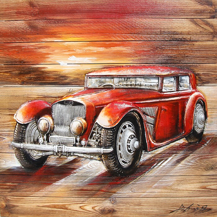 Wandschilderij hout rode Oldtimer | Raf Import