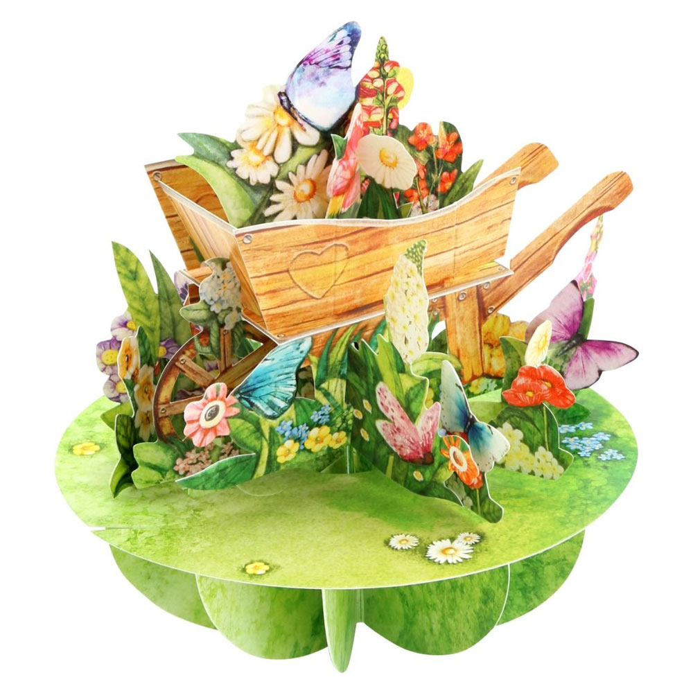 Wenskaart 3D Wheelbarrow of flowers |