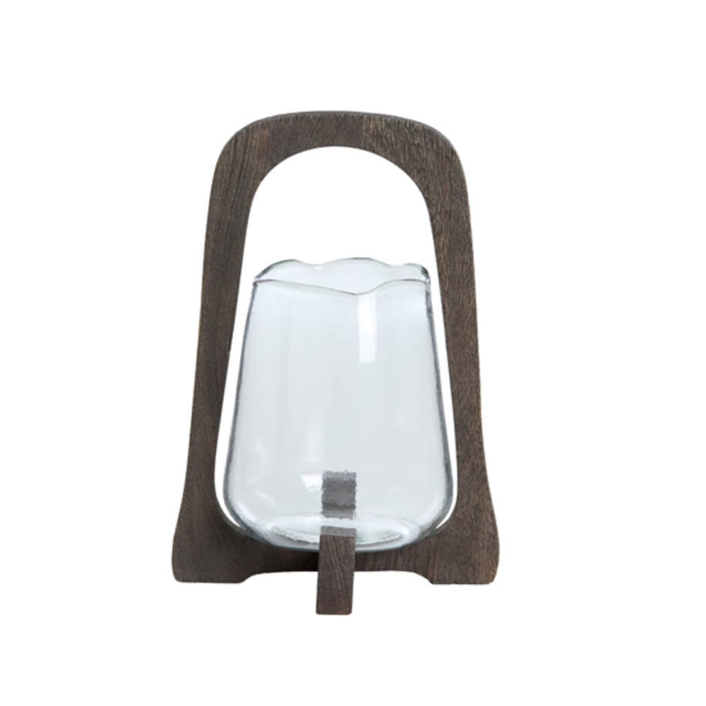 Windlicht Anosy glas hout donker bruin S |