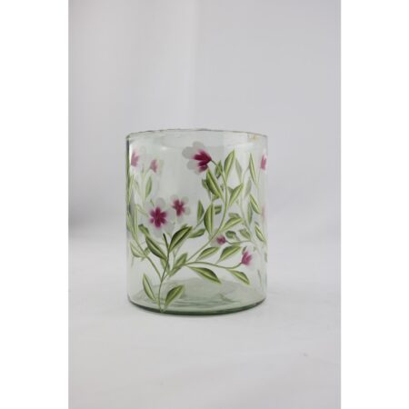 Windlicht glas met roze bloemen 13x13x15cm | Mansion Atmosphere