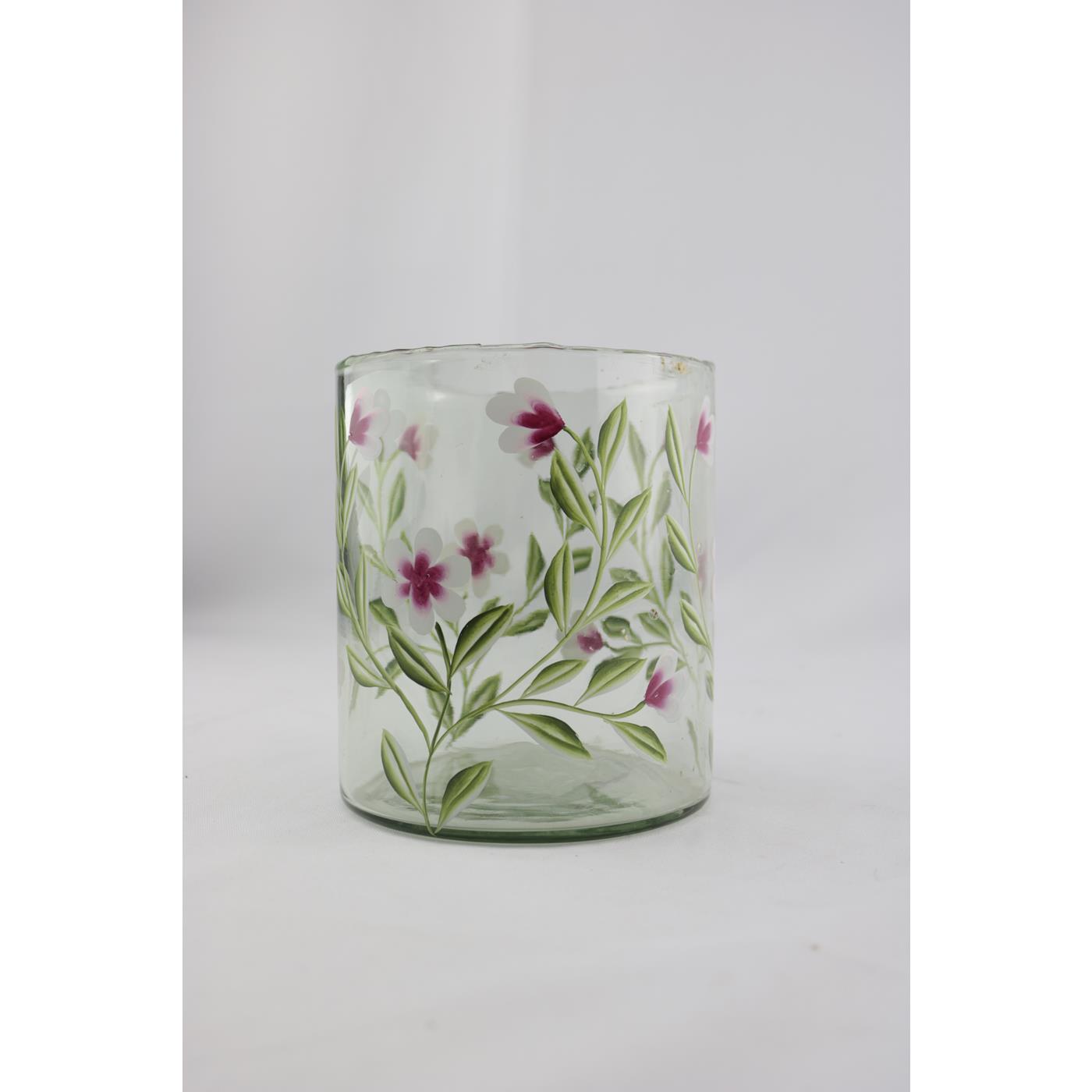 Windlicht glas met roze bloemen 13x13x15cm | Mansion Atmosphere