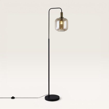 Xirena - Zwarte Staande lamp Metaal 150 cm - Woonkamer lamp - Modern Vintage - E27 fitting - Met voetschakelaar - Amberkleurig glas | LUSENZ