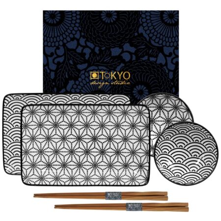 Zwart-Witte Bordenset met Eetstokjes - Nippon Black - 6 Stuks - 21 x 13.5 & 9.5 x 3 cm | Tokyo Design Studio