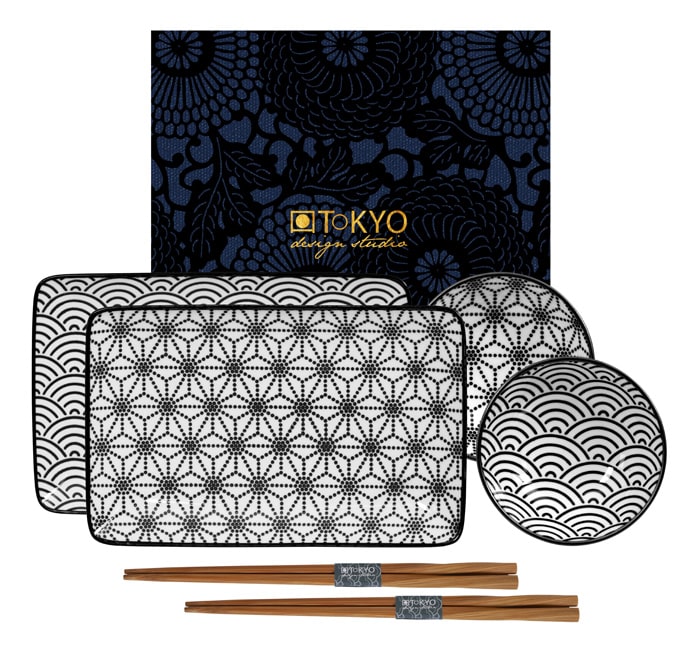 Zwart-Witte Bordenset met Eetstokjes - Nippon Black - 6 Stuks - 21 x 13.5 & 9.5 x 3 cm | Tokyo Design Studio