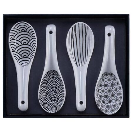 Zwart/Witte Porseleinen Lepelset - Nippon Black - 4-delig - 13.8 x 4.8 cm | Tokyo Design Studio