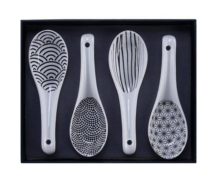 Zwart/Witte Porseleinen Lepelset - Nippon Black - 4-delig - 13.8 x 4.8 cm | Tokyo Design Studio