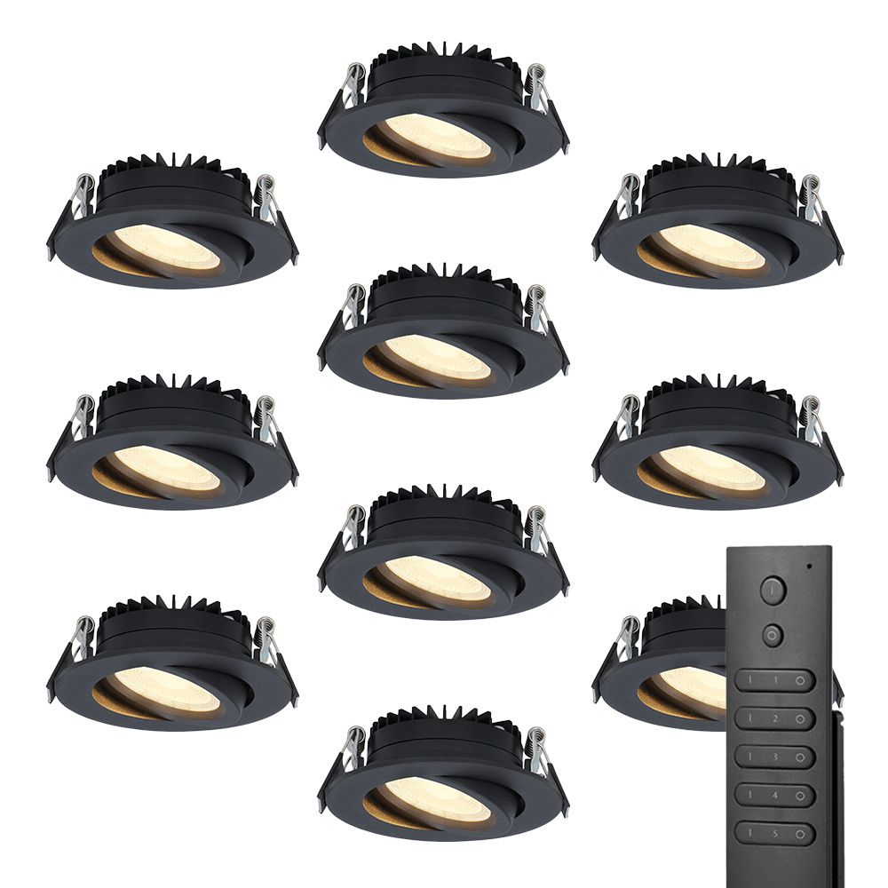 10x LED inbouwspots Rome - Zwart - 6 Watt 500 lumen - Kantelbaar - Dimbaar - 2700K warm wit - IP44 Waterdicht - Inclusief afstandsbediening - Geringe inbouwdiepte | HOFTRONIC