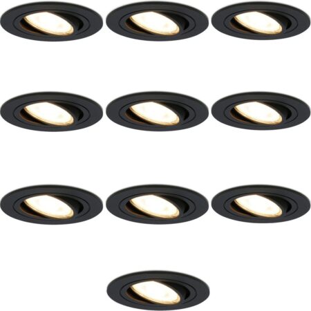 10x Miro LED inbouwspot - GU10 4 Watt 345 Lumen - 2700K Warm wit - Dimbaar - Rond - Kantelbaar - IP20 Voor binnen - Zwart | HOFTRONIC