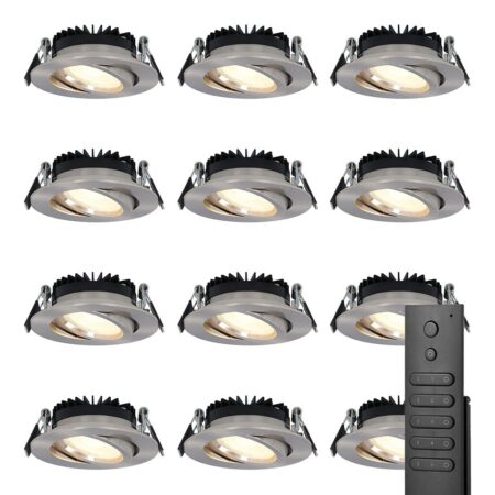 12x LED inbouwspots Rome - RVS - 6 Watt 500 lumen - Kantelbaar - Dimbaar - 2700K warm wit - IP44 Waterdicht - Inclusief afstandsbediening - Geringe inbouwdiepte | HOFTRONIC
