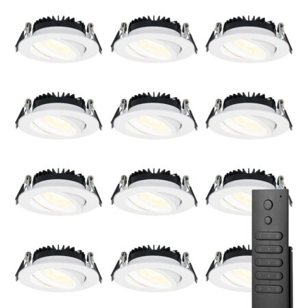 12x LED inbouwspots Rome - Wit - 6 Watt 500 lumen - Kantelbaar - Dimbaar - 2700K warm wit - IP44 Waterdicht - Inclusief afstandsbediening - Geringe inbouwdiepte | HOFTRONIC
