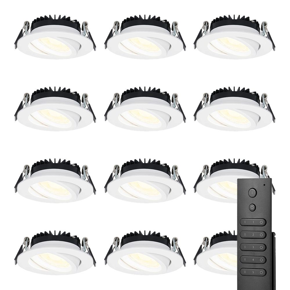 12x LED inbouwspots Rome - Wit - 6 Watt 500 lumen - Kantelbaar - Dimbaar - 2700K warm wit - IP44 Waterdicht - Inclusief afstandsbediening - Geringe inbouwdiepte | HOFTRONIC