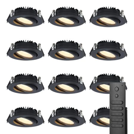 12x LED inbouwspots Rome - Zwart - 6 Watt 500 lumen - Kantelbaar - Dimbaar - 2700K warm wit - IP44 Waterdicht - Inclusief afstandsbediening - Geringe inbouwdiepte | HOFTRONIC