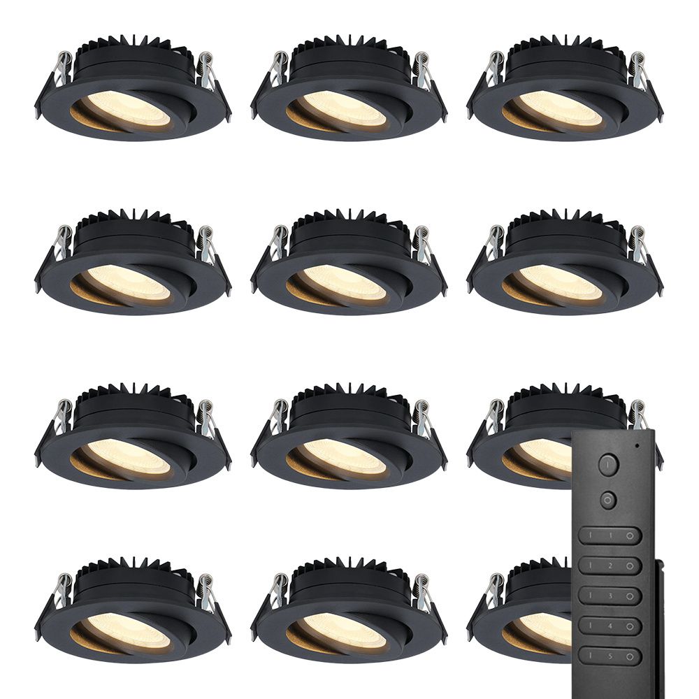 12x LED inbouwspots Rome - Zwart - 6 Watt 500 lumen - Kantelbaar - Dimbaar - 2700K warm wit - IP44 Waterdicht - Inclusief afstandsbediening - Geringe inbouwdiepte | HOFTRONIC