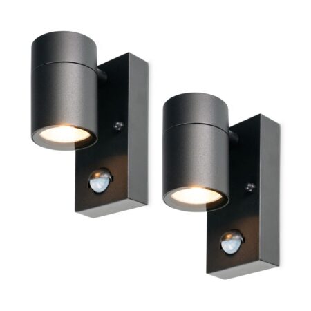 2-Pack Mason wandlampen - Zwart - Bewegingsmelder en schemerschakelaar - IP44 spatwaterdicht - Spotlight voor binnen en buiten - Exclusief GU10 lichtbron | HOFTRONIC