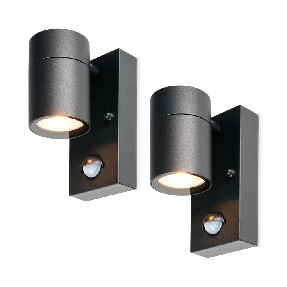2-Pack Mason wandlampen - Zwart - Bewegingsmelder en schemerschakelaar - IP44 spatwaterdicht - Spotlight voor binnen en buiten - Exclusief GU10 lichtbron | HOFTRONIC