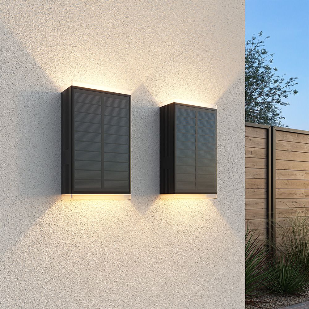 2x Jovi Solar LED Wandlamp - Incl. Schemerschakelaar - Up & Down light - 2700K warm wit - Zwart - IP65 waterdicht - 70 lumen - Tuinverlichting - Buitenlamp - Solar schutting verlichting | HOFTRONIC
