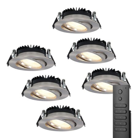 6x LED inbouwspots Rome - RVS - 6 Watt 500 lumen - Kantelbaar - Dimbaar - 2700K warm wit - IP44 Waterdicht - Inclusief afstandsbediening - Geringe inbouwdiepte | HOFTRONIC
