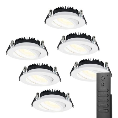 6x LED inbouwspots Rome - Wit - 6 Watt 500 lumen - Kantelbaar - Dimbaar - 2700K warm wit - IP44 Waterdicht - Inclusief afstandsbediening - Geringe inbouwdiepte | HOFTRONIC