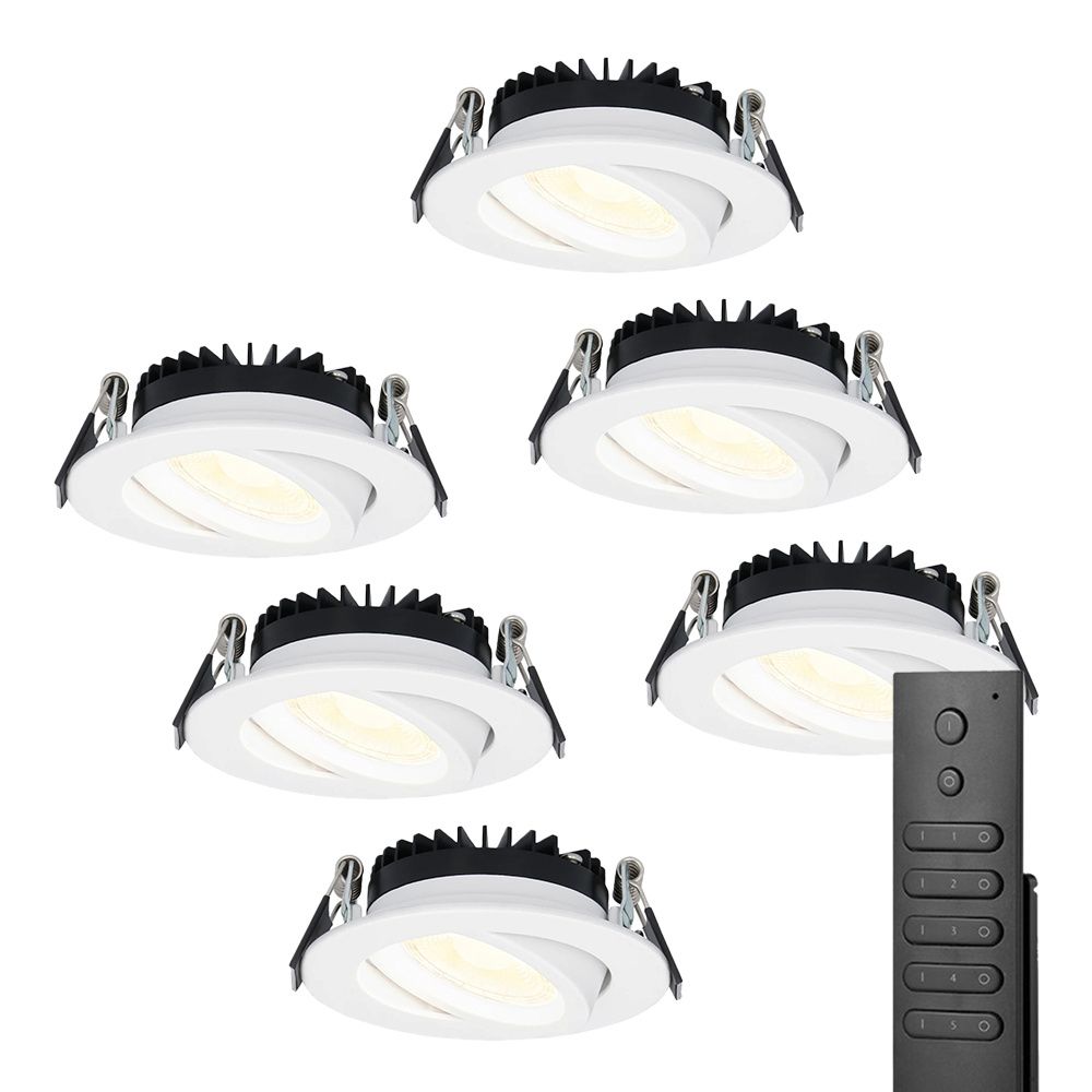6x LED inbouwspots Rome - Wit - 6 Watt 500 lumen - Kantelbaar - Dimbaar - 2700K warm wit - IP44 Waterdicht - Inclusief afstandsbediening - Geringe inbouwdiepte | HOFTRONIC