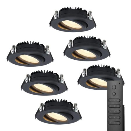 6x LED inbouwspots Rome - Zwart - 6 Watt 500 lumen - Kantelbaar - Dimbaar - 2700K warm wit - IP44 Waterdicht - Inclusief afstandsbediening - Geringe inbouwdiepte | HOFTRONIC