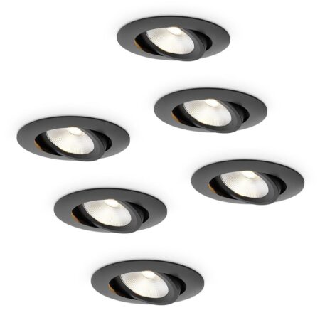 6x Lugo LED Inbouwspots - Zwart - Dimbaar - 5 Watt 450 Lumen - 2700K Warm Wit Licht - Kantelbaar - IP65 - Voor Binnen & Buiten | HOFTRONIC