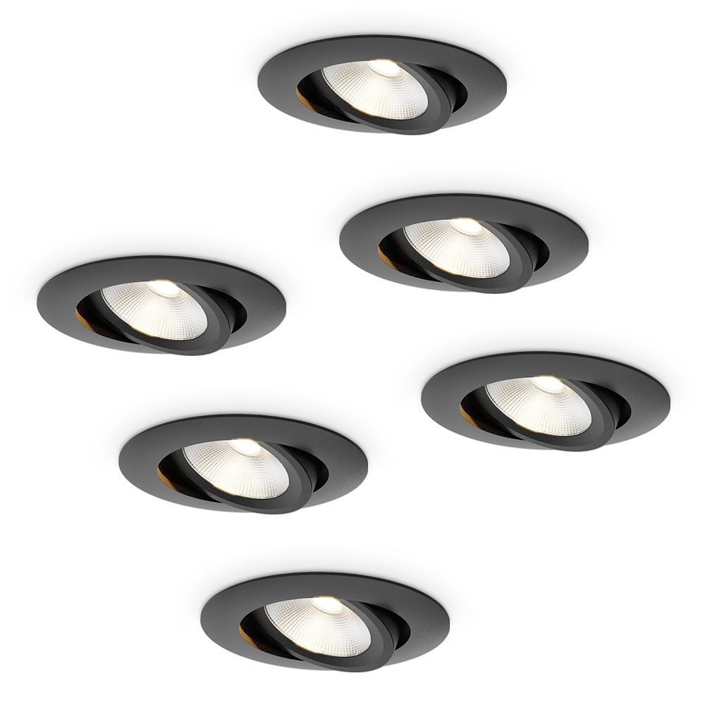 6x Lugo LED Inbouwspots - Zwart - Dimbaar - 5 Watt 450 Lumen - 2700K Warm Wit Licht - Kantelbaar - IP65 - Voor Binnen & Buiten | HOFTRONIC