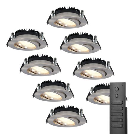 8x LED inbouwspots Rome - RVS - 6 Watt 500 lumen - Kantelbaar - Dimbaar - 2700K warm wit - IP44 Waterdicht - Inclusief afstandsbediening - Geringe inbouwdiepte | HOFTRONIC