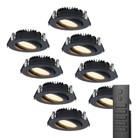 8x LED inbouwspots Rome - Zwart - 6 Watt 500 lumen - Kantelbaar - Dimbaar - 2700K warm wit - IP44 Waterdicht - Inclusief afstandsbediening - Geringe inbouwdiepte | HOFTRONIC
