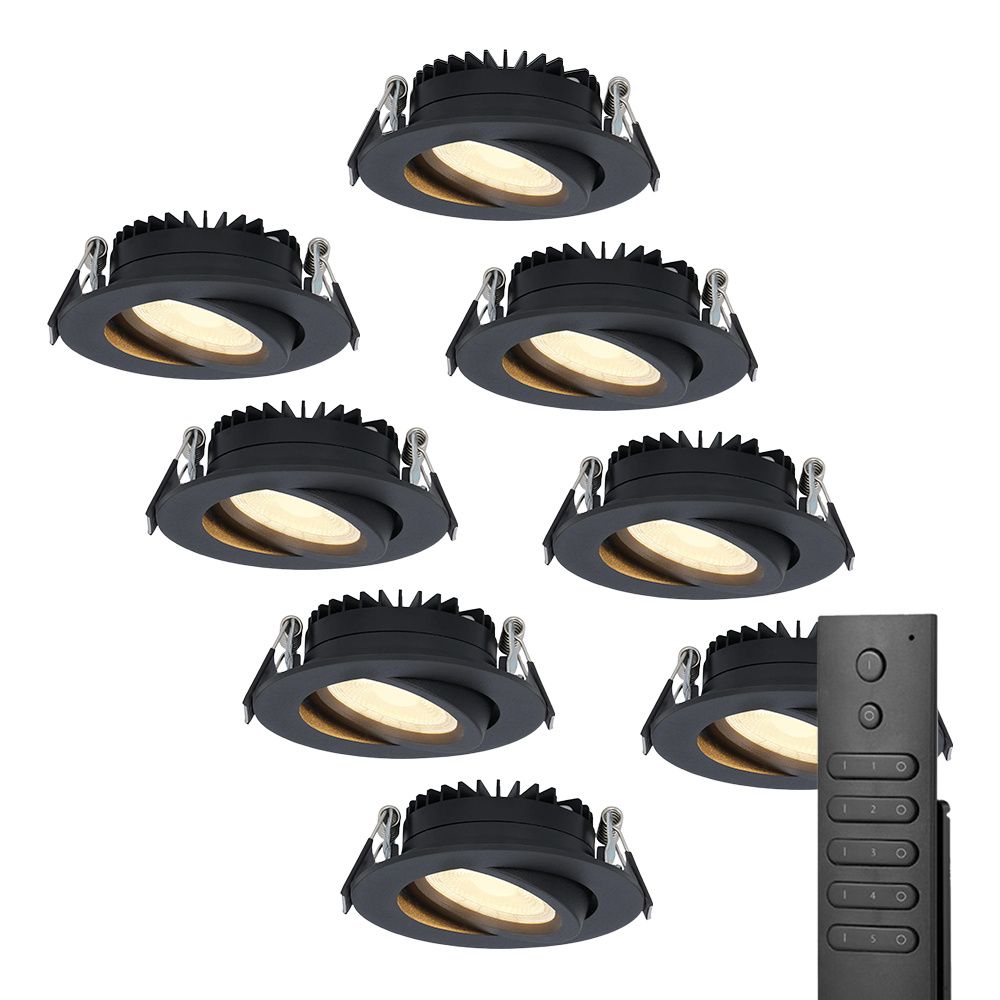 8x LED inbouwspots Rome - Zwart - 6 Watt 500 lumen - Kantelbaar - Dimbaar - 2700K warm wit - IP44 Waterdicht - Inclusief afstandsbediening - Geringe inbouwdiepte | HOFTRONIC