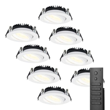 8x Rome LED inbouwspots - Wit - 6W 500lm - Kantelbaar - Dimbaar - 2700K - IP44 - Afstandsbediening | HOFTRONIC