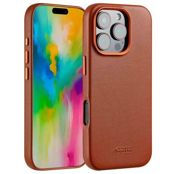 Accezz MagSafe Leather Backcover voor iPhone 16 Pro Telefoonhoesje Bruin | Accezz