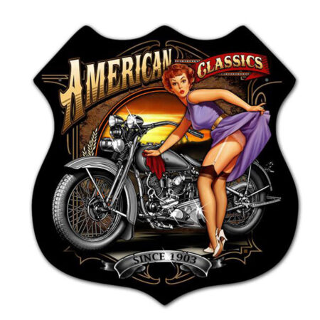 American Classics Motorcycle Pin Up Zwaar Metalen Bord | Fiftiesstore