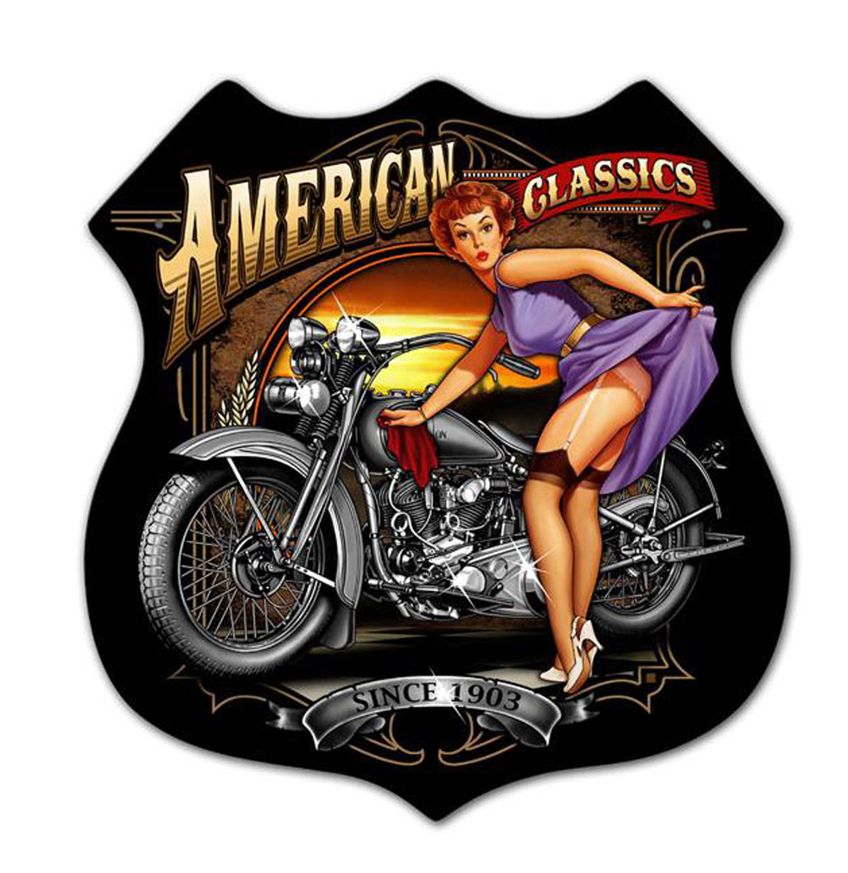 American Classics Motorcycle Pin Up Zwaar Metalen Bord | Fiftiesstore