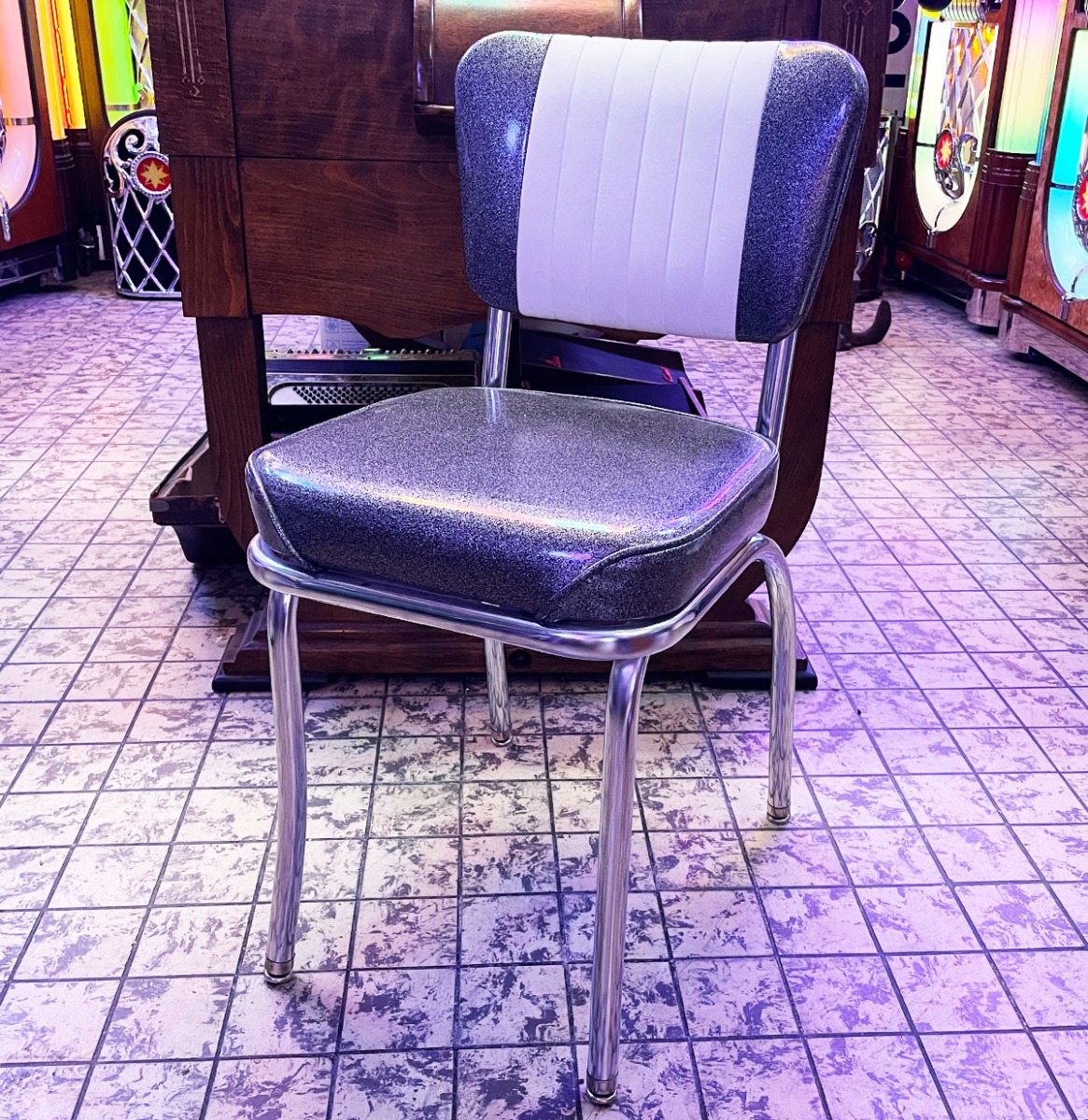 Amerikaanse Diner Stoel - Silver Glitter & Wit - Chroom - Nieuw uit USA | Fiftiesstore