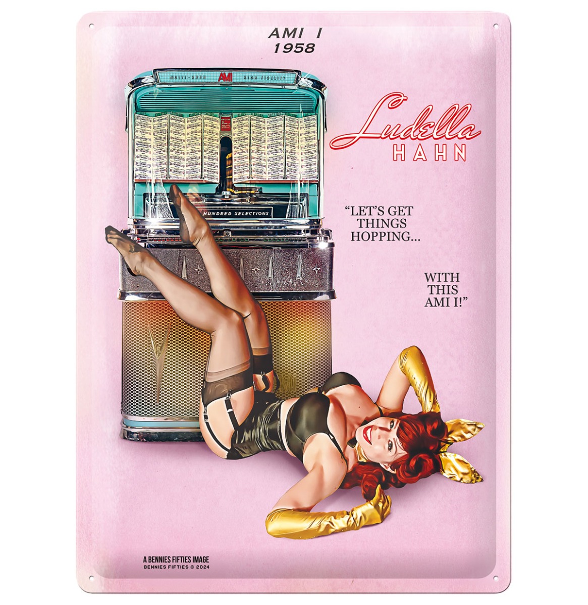Ami I 1958 Jukebox - Ludella Hahn - Embossed Metal Sign - 30 x 40 cm | Bennies Fifties